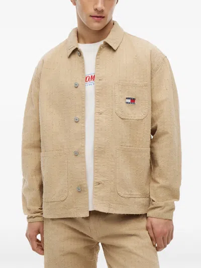 Tommy Hilfiger Distressed-effect Logo-patch Jacket In Brown