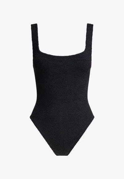 Hunza G High-cut Leg Square Neckline Textured Fabric In Black