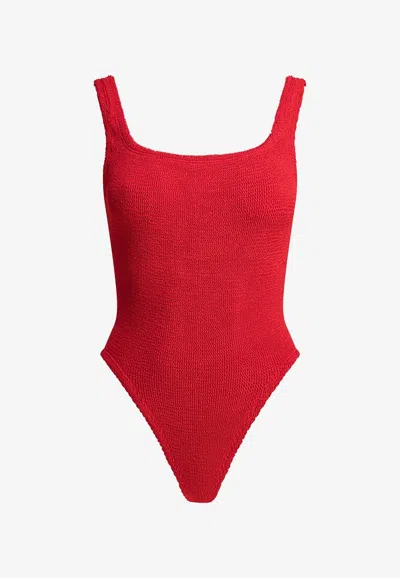 Hunza G Neutral Square Neckline High-cut Swimsuit In Red