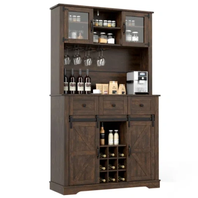 Costway 72 Inch Coffee Bar Cabinet With Drawers And Sliding Barn Doors ...