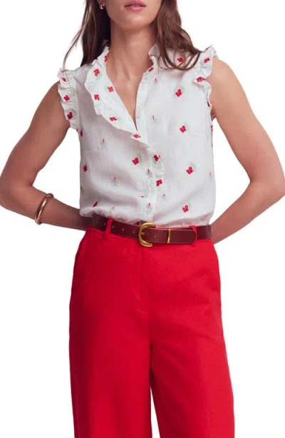 Boden Isabel Embroidered Linen Sleeveless Button-up Shirt In White