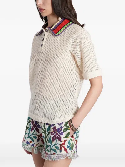Siedres Crochet-collar Open-knit Polo Shirt In Neutral