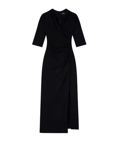 Giorgio Armani Elbow-sleeve Draped Crepe Slit Midi Dress In Black