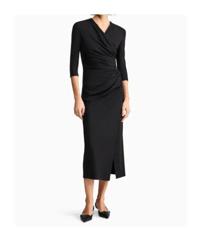 Giorgio Armani Elbow-sleeve Draped Crepe Slit Midi Dress In Black