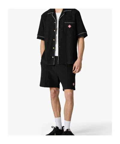 Casablanca Men Black Shirt With Classic Lapels And All-over Embossed Monogram In Cotton Man