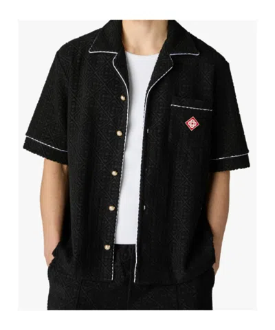Casablanca Men Black Shirt With Classic Lapels And All-over Embossed Monogram In Cotton Man