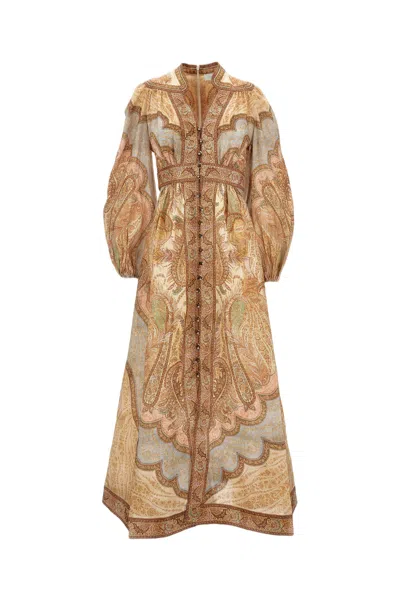 Zimmermann Plunge Linen Midi Dress In Brown