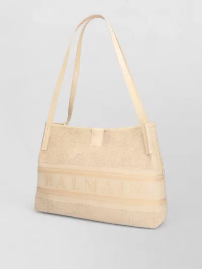 Balmain Rectangular Shoulder Bag Textured Fabric Dual Handles In Neutral