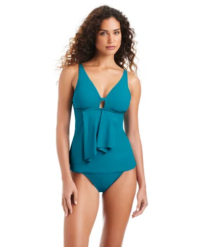 Beyond Control Women's Solid Front-cascade Tankini Top In Blue
