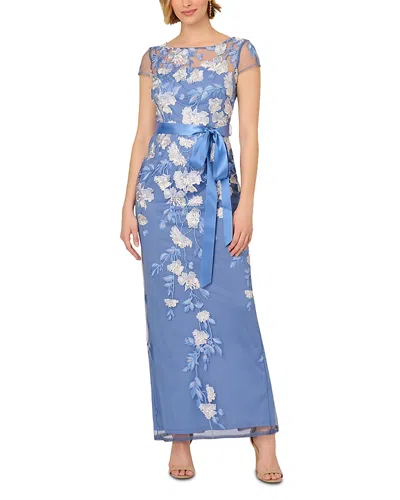 Adrianna Papell Short Sleeve Floral Embroidered Gown With Ribbon Tie Waist In French Blue Multi