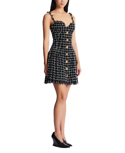 Balmain Buttoned Check Tweed Chain-strap Mini Dress In Black