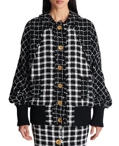 Balmain Oversized Bomber Jacket In Mixed Tweed In Black