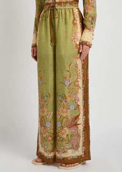 Zimmermann Womens Khaki Scarf Floral Indra Wide-leg Silk Trousers In Green