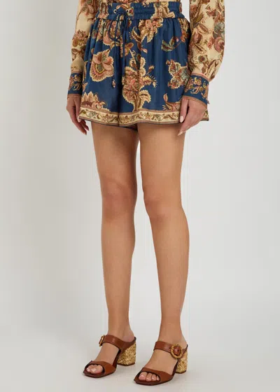 Zimmermann Aster Shorts Elastic Waistband Floral Trim Pockets In Blue