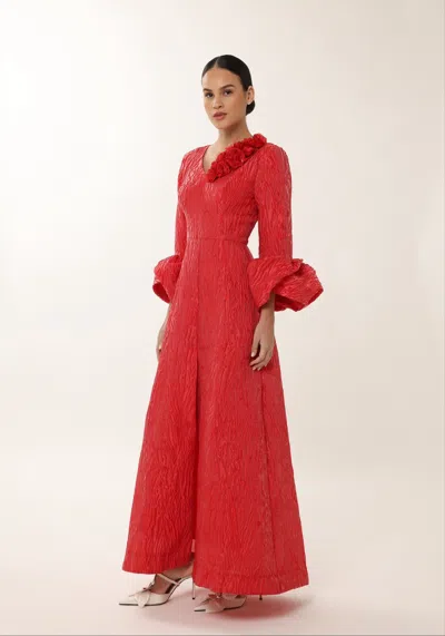 Baruni Fayha Gown: Petal Cuff Jacquard Gown In Red