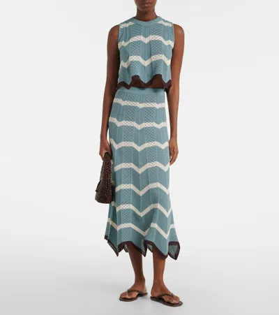 La Doublej Scalloped Striped Pointelle-knit Cotton Tank In Blue