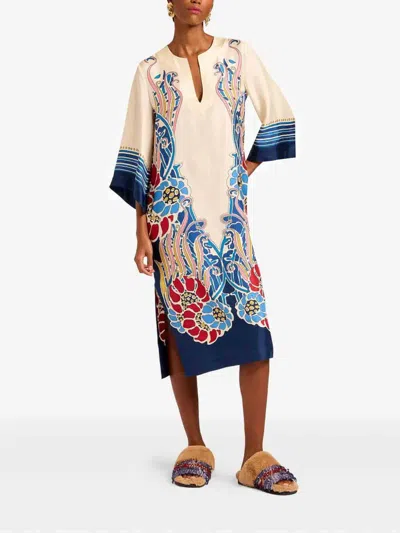 La Doublej 'the Kaftan' Multicolor Silk Kaftan With V Neck And All-over Floral Print Woman
