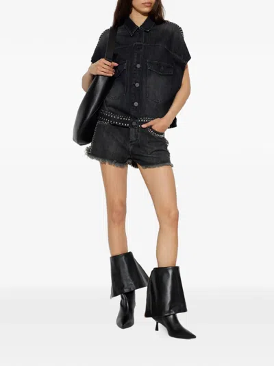 Allsaints Alba Stud Short Sleeve Denim Shirt In Shadow Black