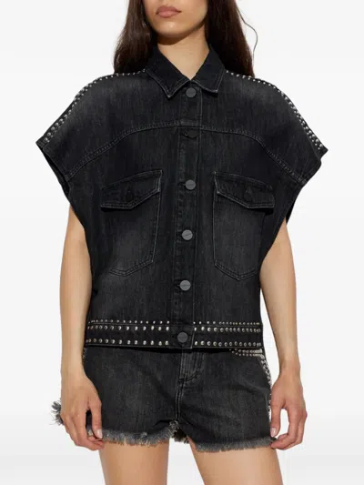 Allsaints Alba Stud Short Sleeve Denim Shirt In Shadow Black