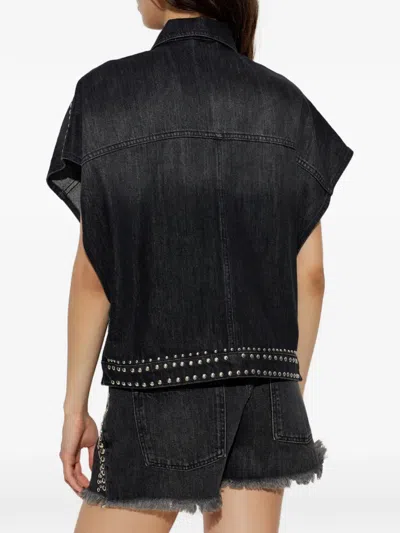 Allsaints Alba Stud Short Sleeve Denim Shirt In Shadow Black