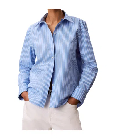 Calvin Klein Light Blue Vertical Striped Poplin Shirt With Classic Collar