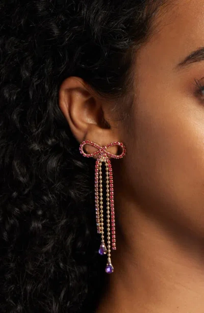Open Edit Stone Crystal Bow Drop Earrings In Red