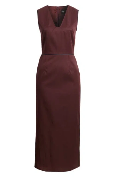 Hugo Boss Boss Drumialdan Virgin Wool Midi Sheath Dress In Burgundy