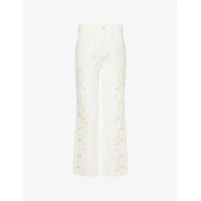 Paige Womens Tonal Ecru Embroidered Sawyer Embroided Wide-leg Denim Jeans In White