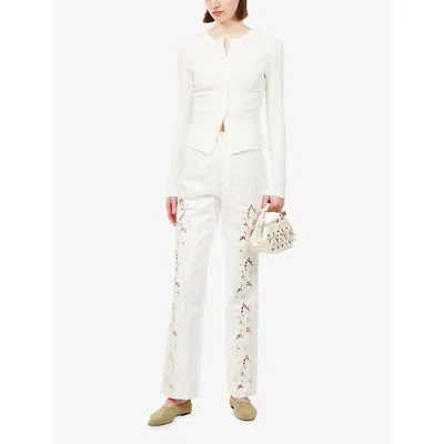Paige Womens Tonal Ecru Embroidered Sawyer Embroided Wide-leg Denim Jeans In White