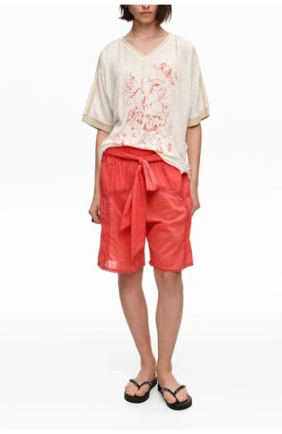 Bimba Y Lola Cotton Pleated Bermuda Shorts With Lace Trim In Multi