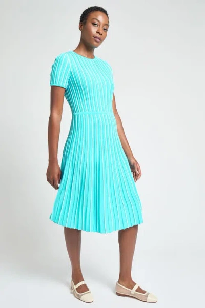 6010 Modern Fit Jewel Neck Striped Flare Soft Knit Dress In Blue