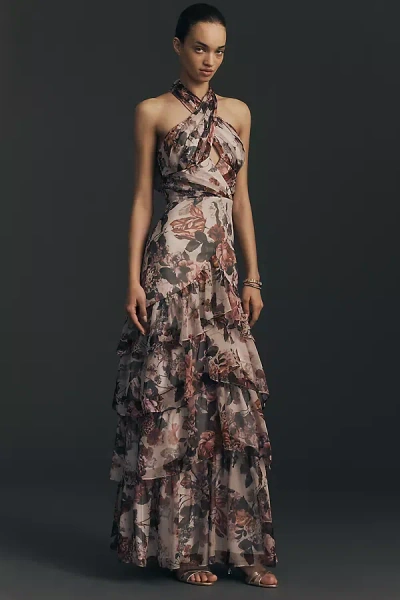 Dress The Population Maya Cutout Halter Evening Gown In Gray