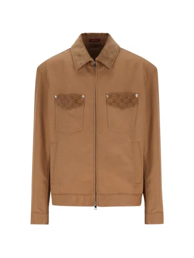 Gucci Blazer Camel Patterned Collar Buttoned Flap Pockets In Brown