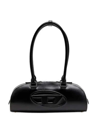 Diesel Elongated Bowling Dome Shoulder Bag In Smooth Black Leather