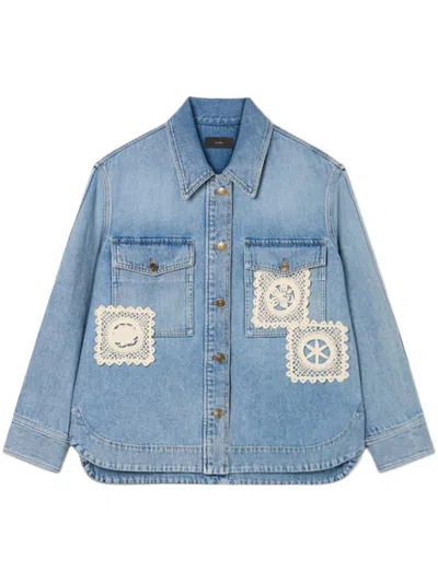 Alanui Light Blue Denim Overshirt With Crochet Lace Accents In Gray