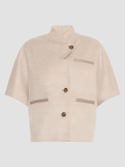 Max Mara Short Sleeve Asymmetric Neck Textured Coat In Neutral