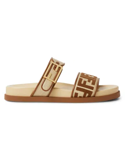 Fendi Feel Beige Raffia-effect Material Slides In Yellow