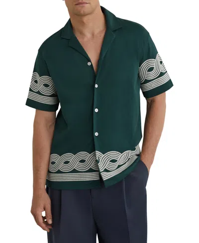 Reiss Mens Soft Sage Green Arden Embroidered-trim Cotton-blend Shirt