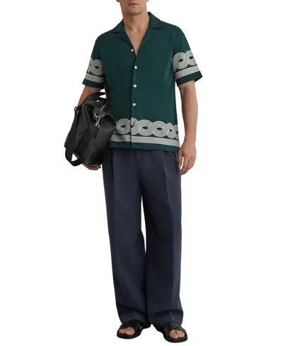 Reiss Mens Soft Sage Green Arden Embroidered-trim Cotton-blend Shirt