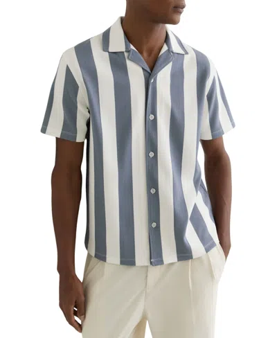 Reiss Mens Airforce Blue Off White Dexter Cuban-collar Block-stripe Stretch-woven Shirt Xl
