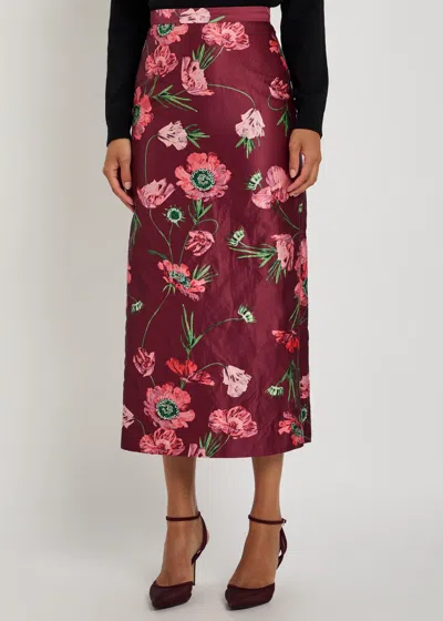 Erdem Floral-printed Satin Midi Pencil Skirt In Burgundy