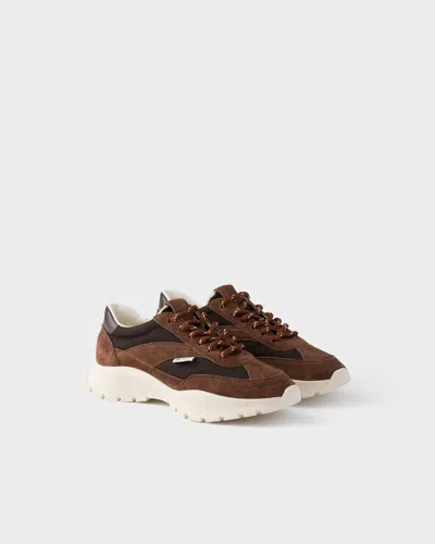 Prada Mesh Fabric And Suede Sneakers In Brown