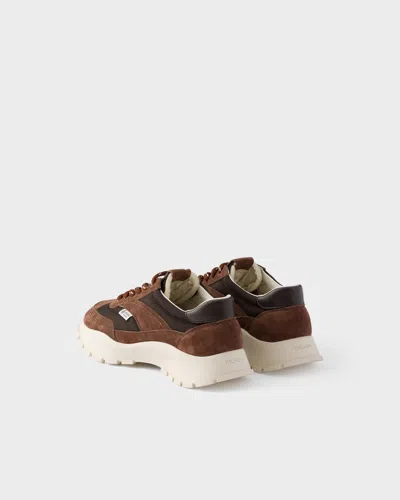Prada Mesh Fabric And Suede Sneakers In Brown