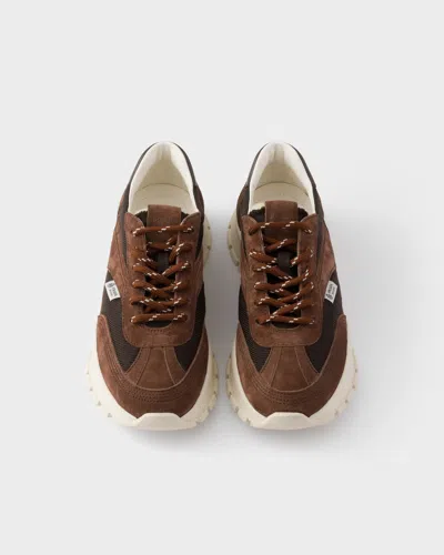 Prada Mesh Fabric And Suede Sneakers In Brown