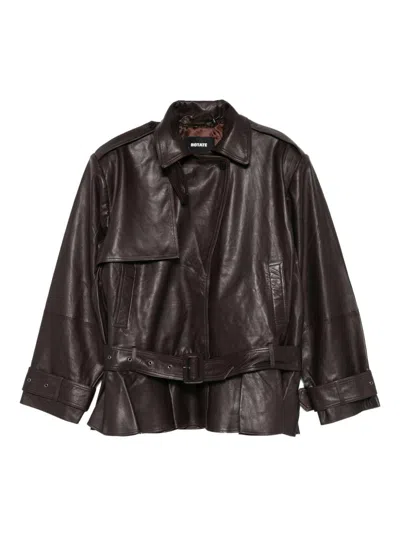 Rotate Birger Christensen Giacca Biker In Pelle Di Agnello Marrone Scuro Con Cintura Rotate In Brown