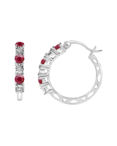 Maxcolor Silver 0.87 Ct. Tw. Diamond & Ruby Hoop Earrings In Red
