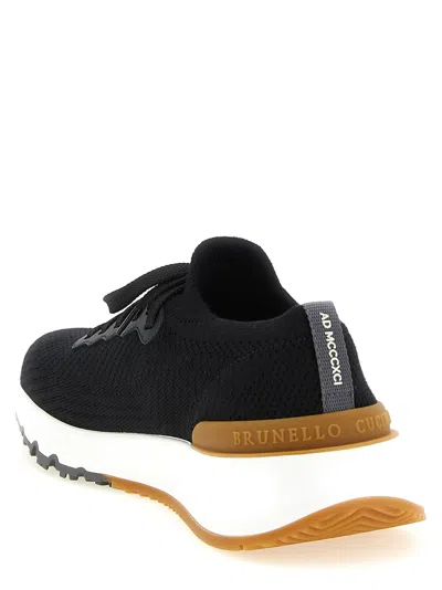 Brunello Cucinelli Cotton Knit And Semi-polished Calfskin Runner Sneakers In Black