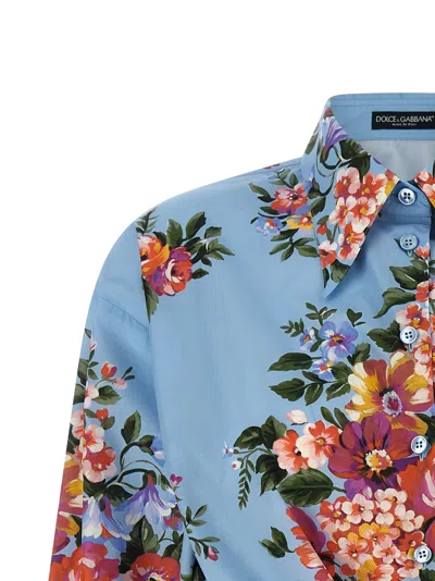 Dolce & Gabbana Cotton Shirt With A Bouquet Of Flowers Print In Blue