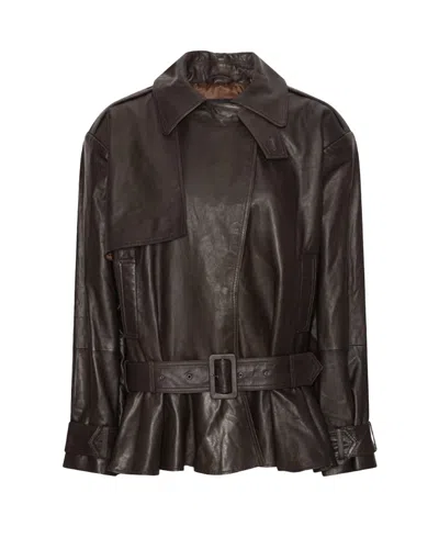 Rotate Birger Christensen Giacca Biker In Pelle Di Agnello Marrone Scuro Con Cintura Rotate In Brown