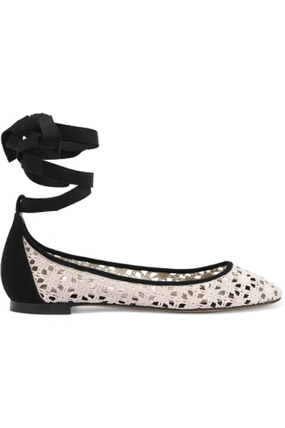 Shop Tabitha Simmons Daria Daisy Lace-up Suede-trimmed Crocheted Ballet Flats